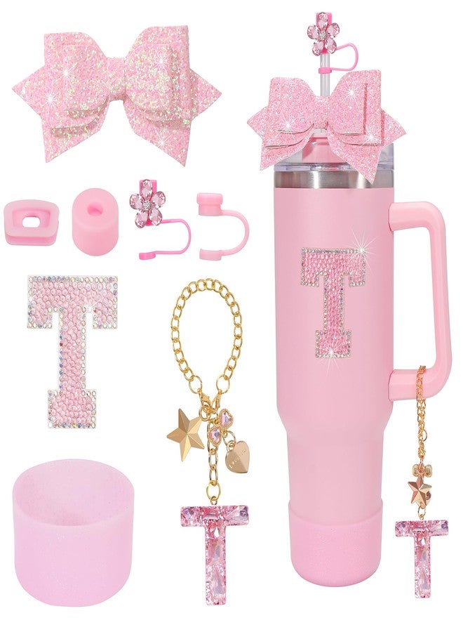 Coiris 8 Pcs Stanley Cup Accessories Set Letter Pink Bow Charms for 40 oz and 30 oz Cups Tumbler Charms and Attachments Tumbler with Hot Pink Stanley Cup Accessories Set（TZ0001-Pink T） - Image 1